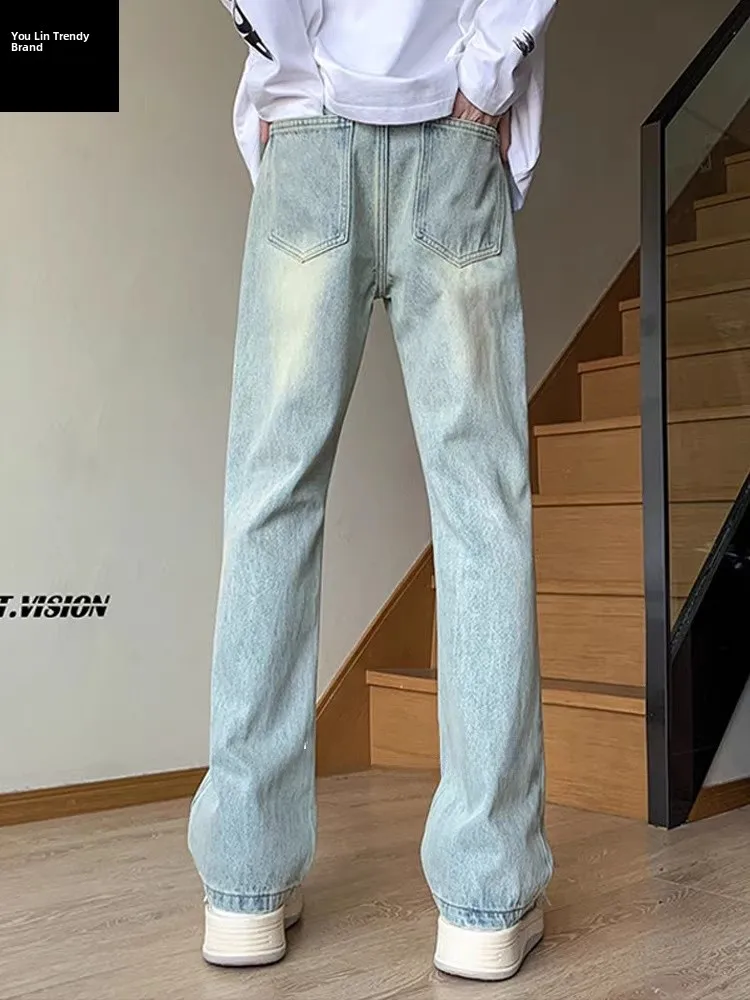 

Washed American Vibe Jeans Men's Slim Straight Leg Mud Dye High Street Style Youthful Fashion mid Waist Long Pants Summer