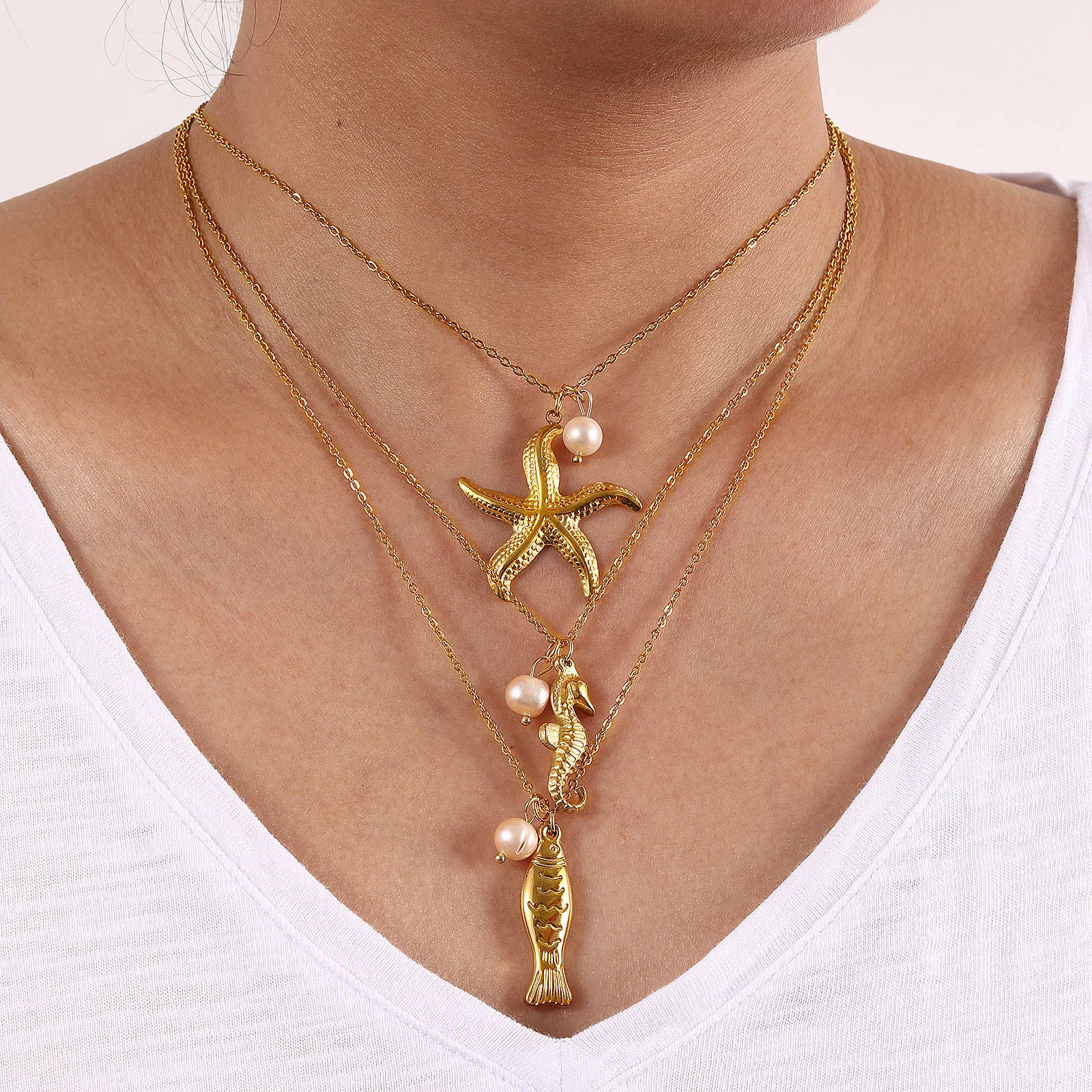 Ocean Jewelry Necklace 18K Real Gold Plated 304 Stainless Steel & Natural Pearl Link Cable Chain Pendant Necklace For Women Gift