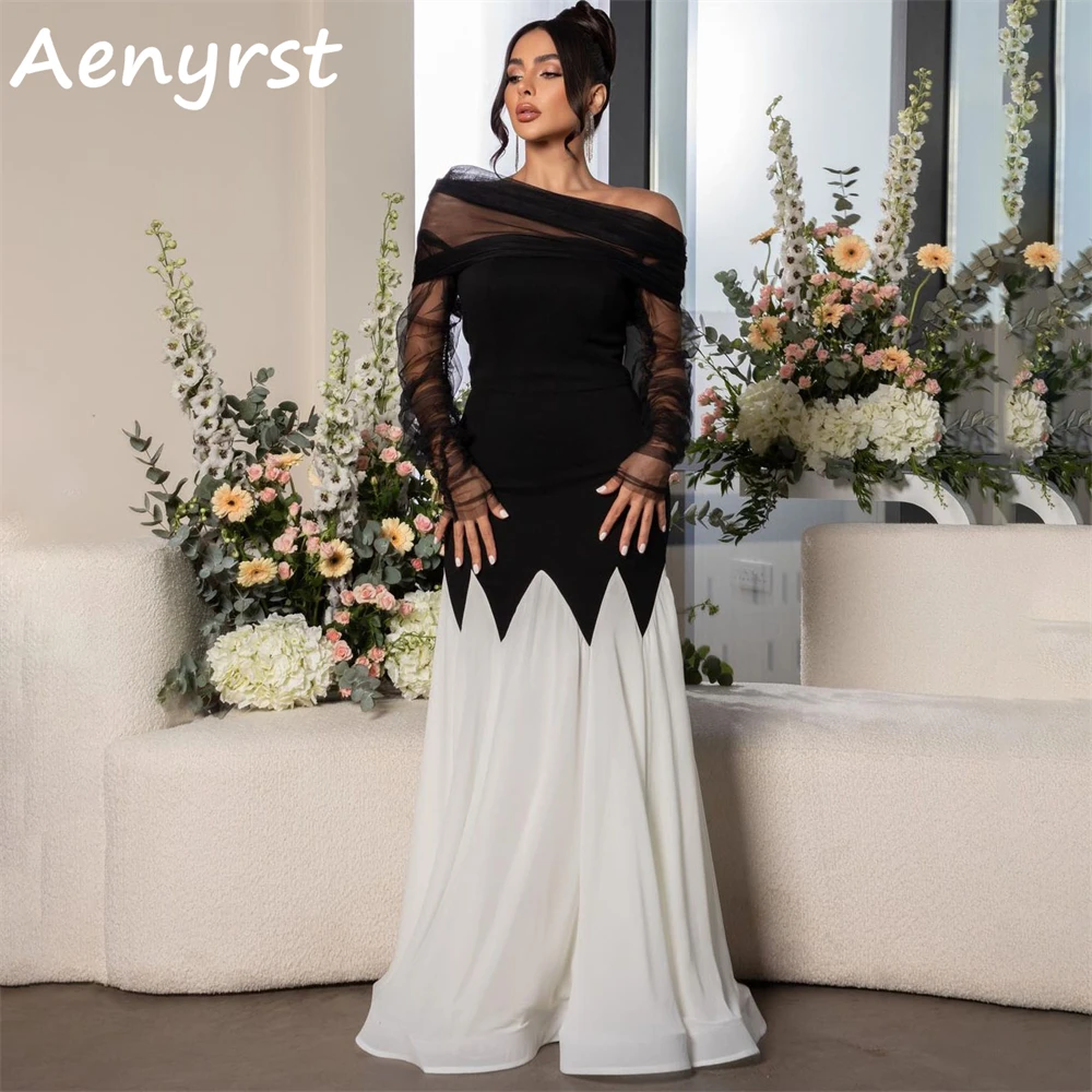 

Aenyrst Tulle Long Sleeves A-Line Saudi Formal Prom Dresses Chiffon Contrast Color Evening Gowns Floor-Length Dinner Party Dress