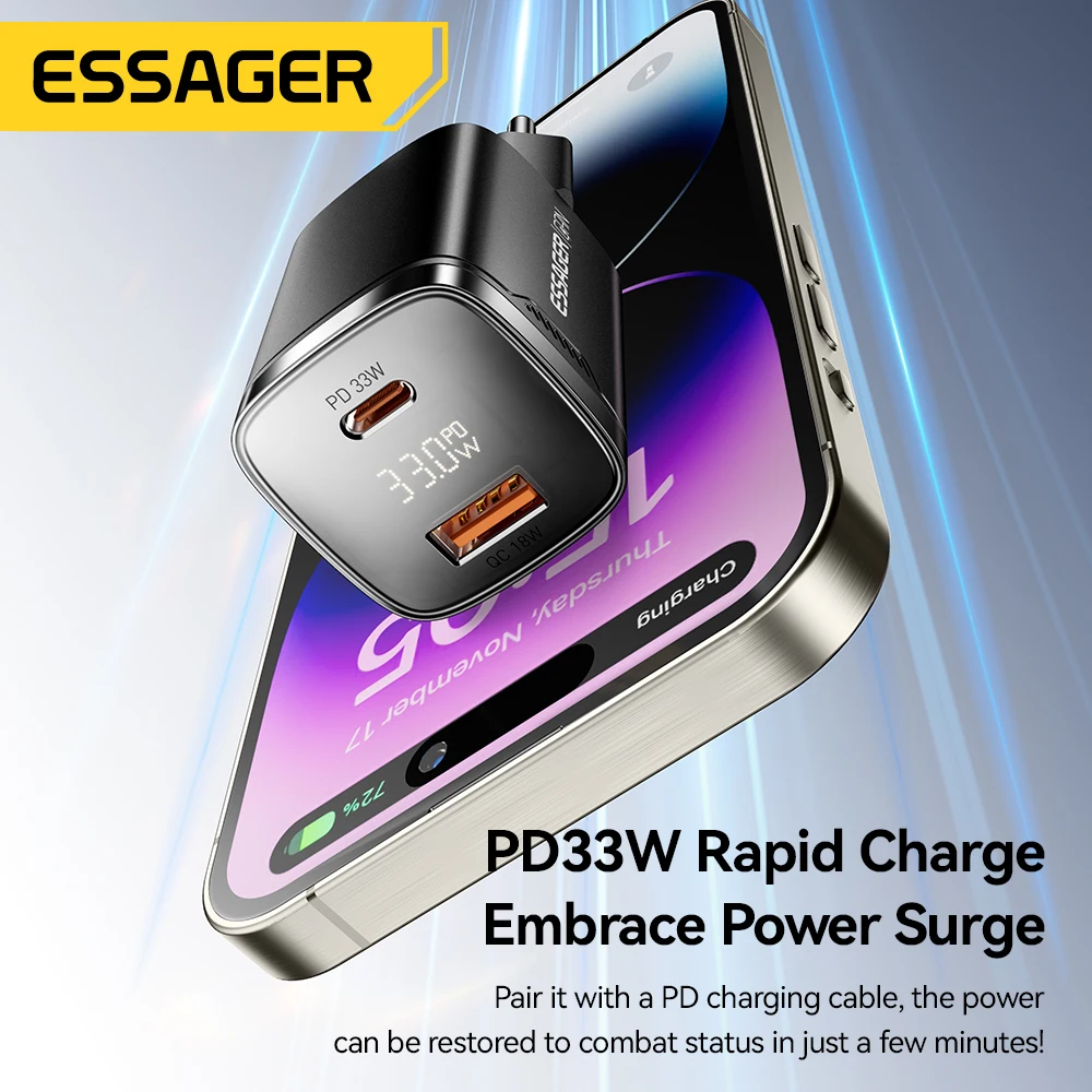 Essager 33w gan usb tipo c carregador display digital pd carregamento rápido para iphone 16 15 14 pro max ipad mini 6 xiaomi samsung s22