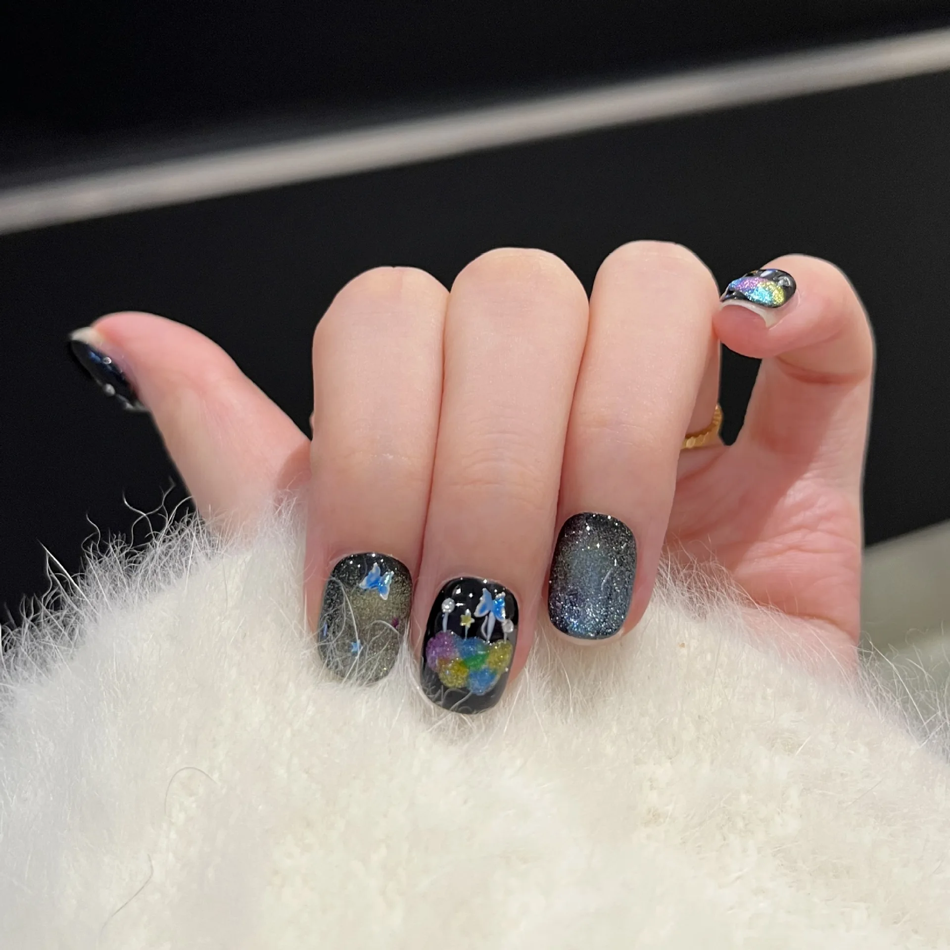 

10 шт., ногти ручной работы «Звездное небо», фантазия, нарисованные вручную радужными кошачьими глазами, короткие кончики ногтей с узором для девочек, праздничная одежда, искусство
