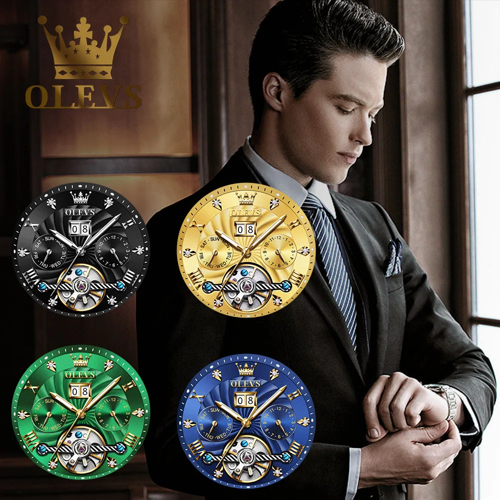 OLEVS Mechanical Watches Automatic Watch Men Waterproof Stainless Steel Strap Skeleton Gold Watch Male Wristwatch