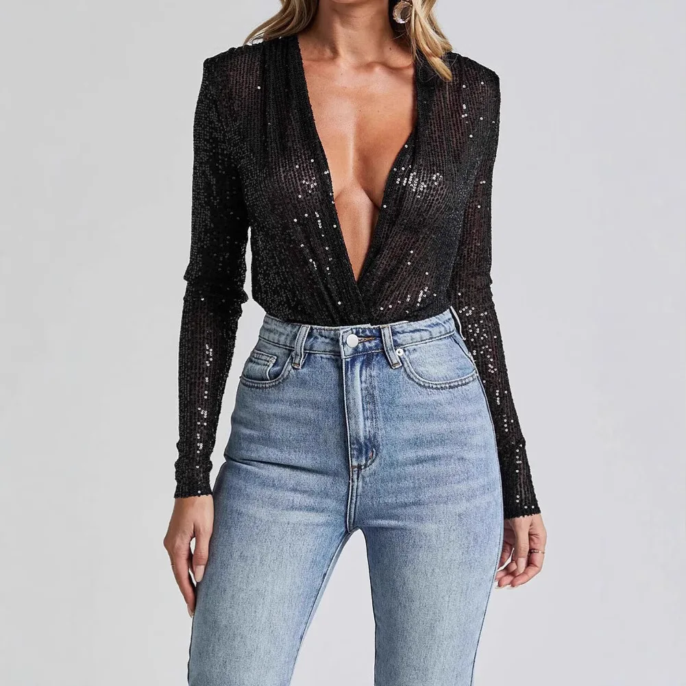 Women's Bodysuits Sexy Body Lingerie Women 2025 Summer Outfit Fashion Sequined Long Sleeve V-neck Tops One Pieces Clothing