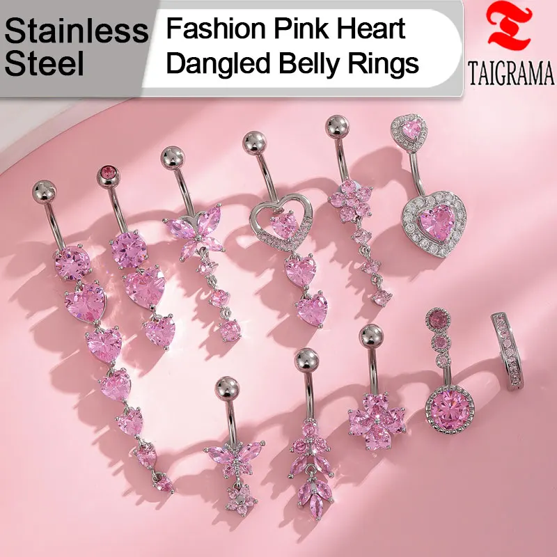

Fashion Heart Belly Button Rings Stainless Steel Long Pendant Belly Rings for Women Pink Zircon Crystal Navel Piercing Jewelry