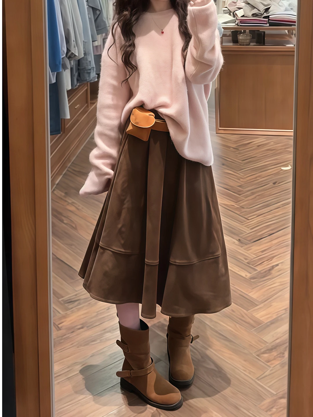 Retro Brown Half-length Skirt Women's Thickened High-waist Pleated Long Skirt Autumn Winter New Style Korean Style Lazy Women...