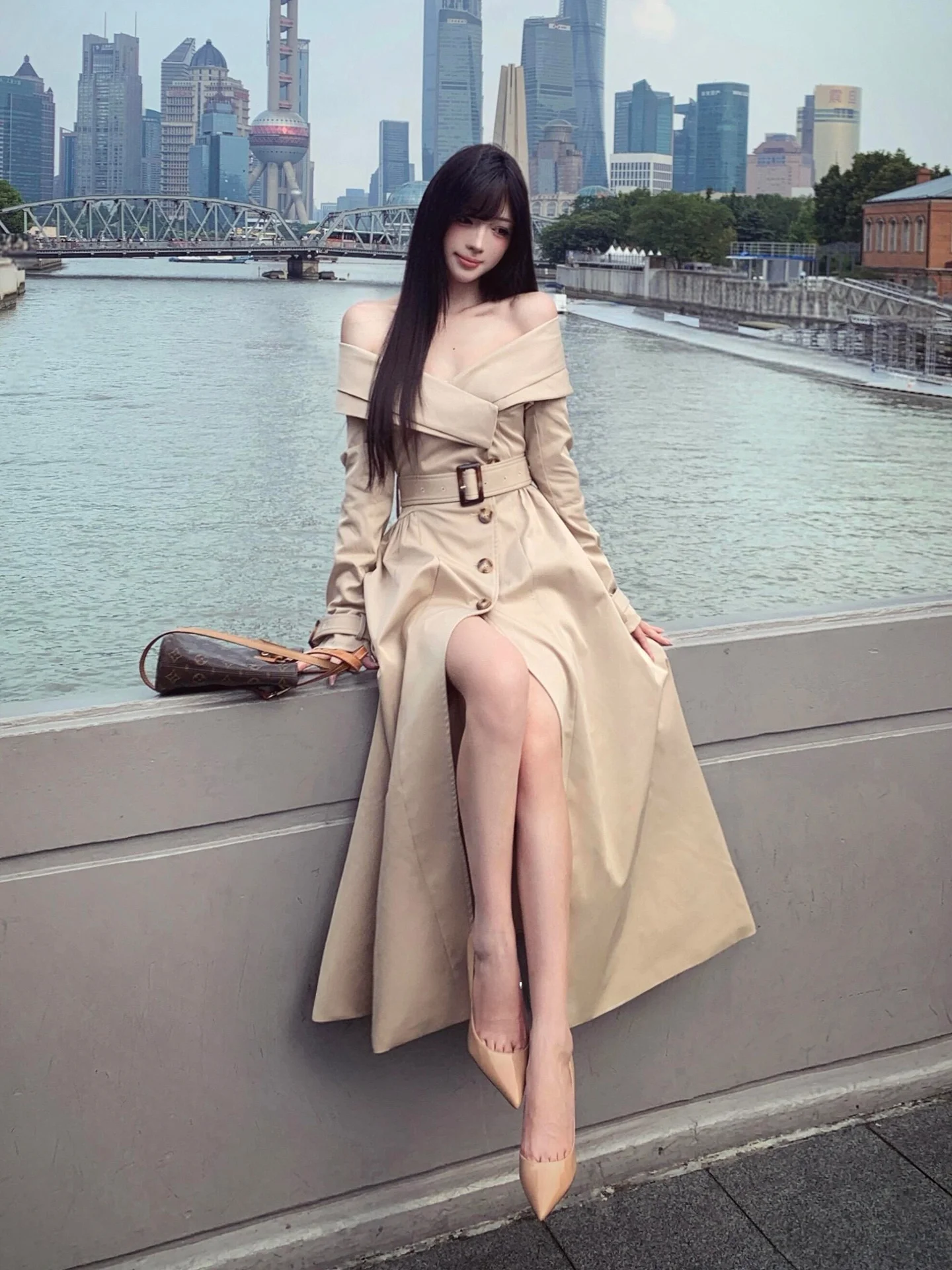 Khaki Color Women's Coat Spring Autumn 2026 New Style Elegant Single Button Mid-Length One-Shoulder Dress High Waist Belt