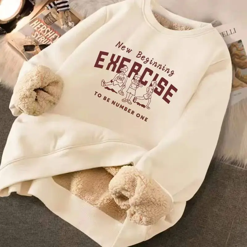 

Women's Winter Thick Plush Sweatshirt Loose Letter Print Comfortable Soft Material Casual Street Style Women's Clothing