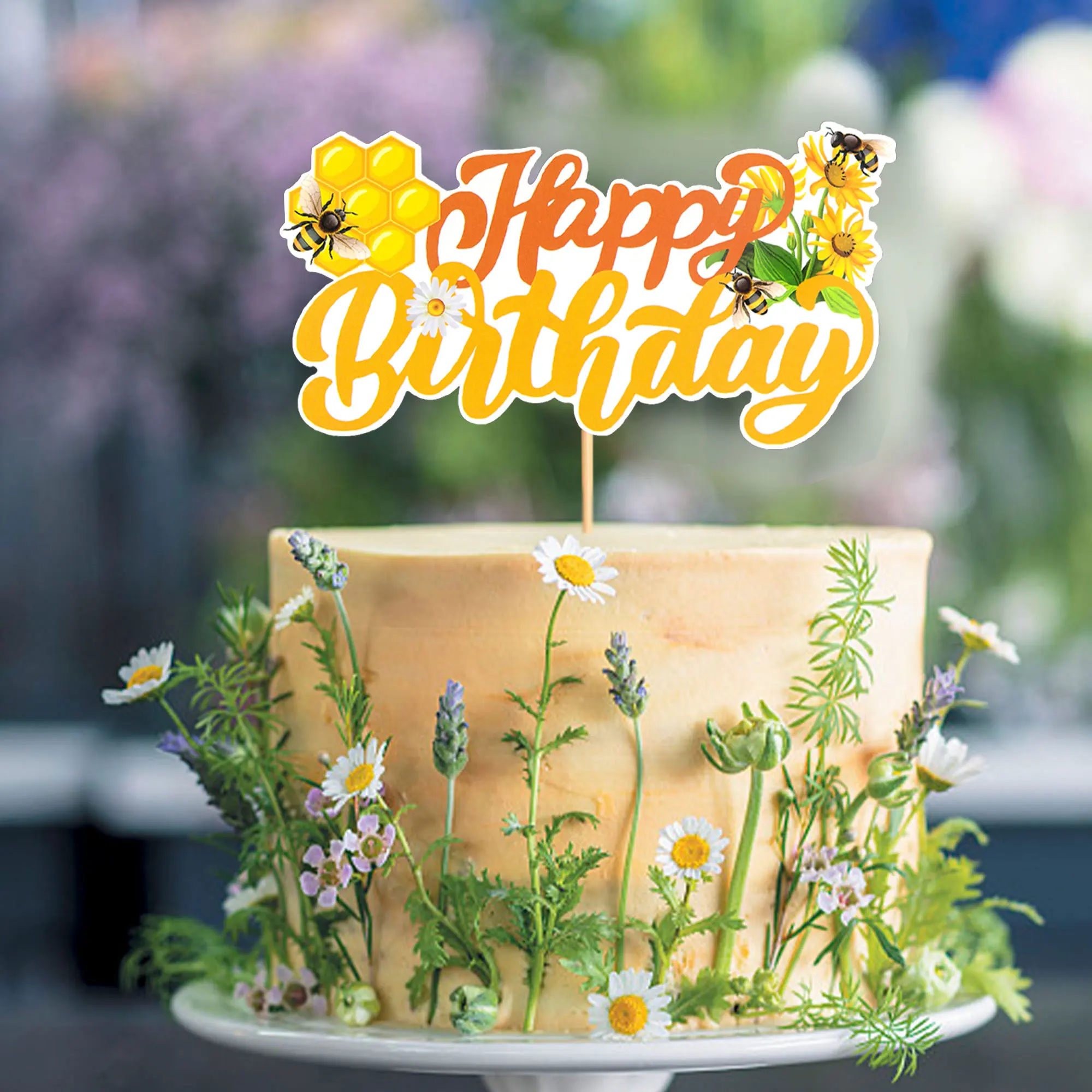 Bee Daisy Sun Flower Cake Topper Happy Birthday Wedding Bride Party Yellow Cupcake Toppers Baby Shower Baking Dessert DIY Decor