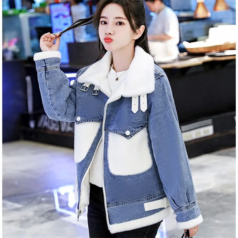 Lamb Wool Denim Jacket Women Overcoat  Autumn Winter 2024 New Thick Warm Parka Female Outwear Loose Elegant Cotton-Padded Jacket