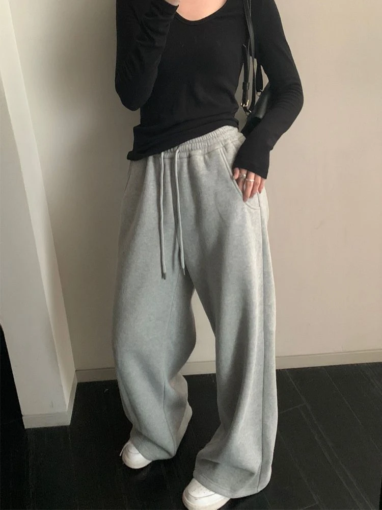 

HOUZHOU Vintage Y2k Baggy Gray Sweatpants Warm Joggings Korean Style Oversize Thick Pants Harajuku Casual Trousers Winter Autumn