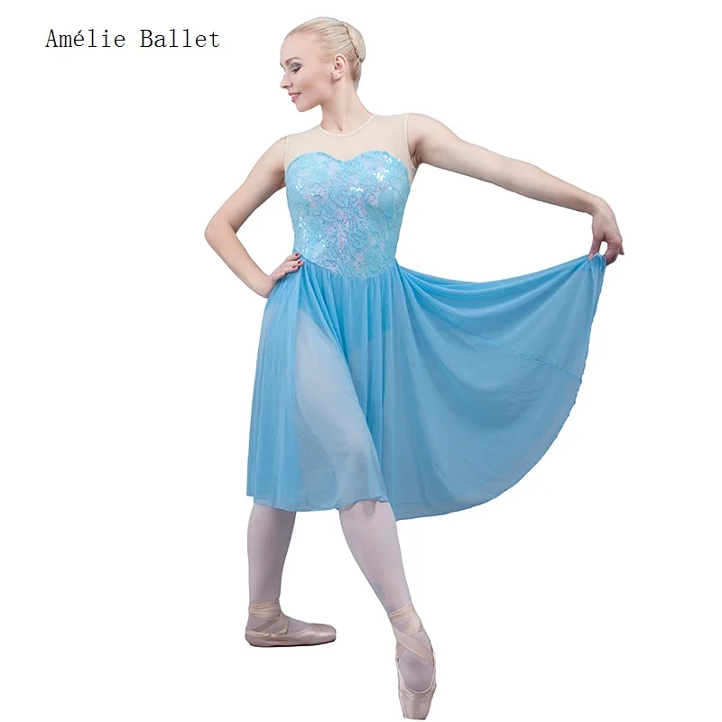 

18032 New Arrival Sky Blue Sequin Lace Dress for Girls & Women Ballet & Lyrical & Contemporary Dance Stage Costume