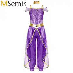 Arabian Princess Fancy Costume Halloween Cosplay Costume for Girls Shiny Sequins Gem Long Jumpsuit Bodysuit with Choker Dress Up