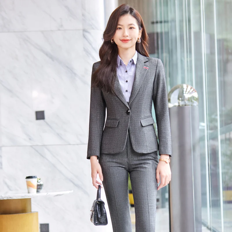 NAVIU 2023 New Autumn Winter Gray Suits Women Professional Business Formal High End Temperament Blazer And Pants Sets Work Wear