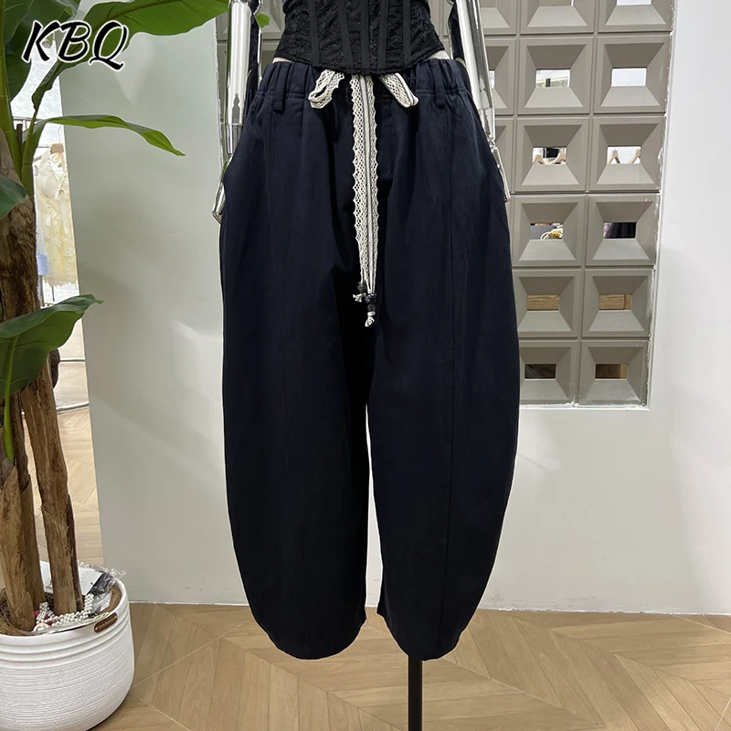 

KBQ Solid Spliced Lace Up Bent Knife Slimming Loose Pants for Women High Waist Minimalist Casual Pants Female Fashion Summer New