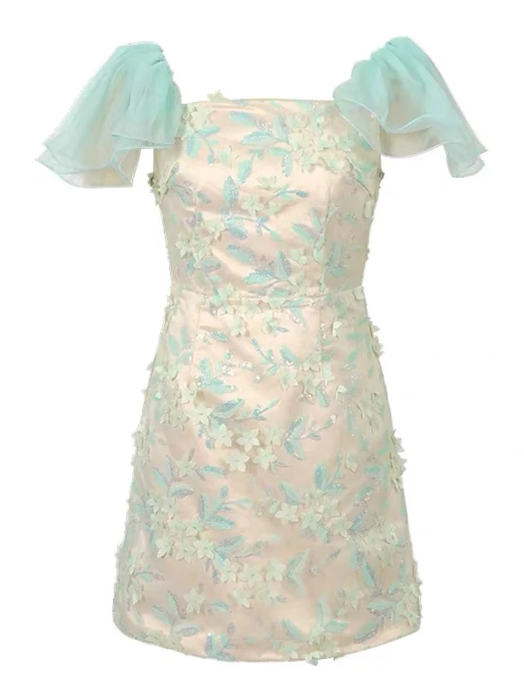 แฟชั่นฤดูร้อนลูกไม้เลื่อมดอกไม้วันหยุดชุดราตรีเสื้อผ้าผู้หญิงสาวหวานเซ็กซี่แขนฟอง Slim Party Prom Vestidos