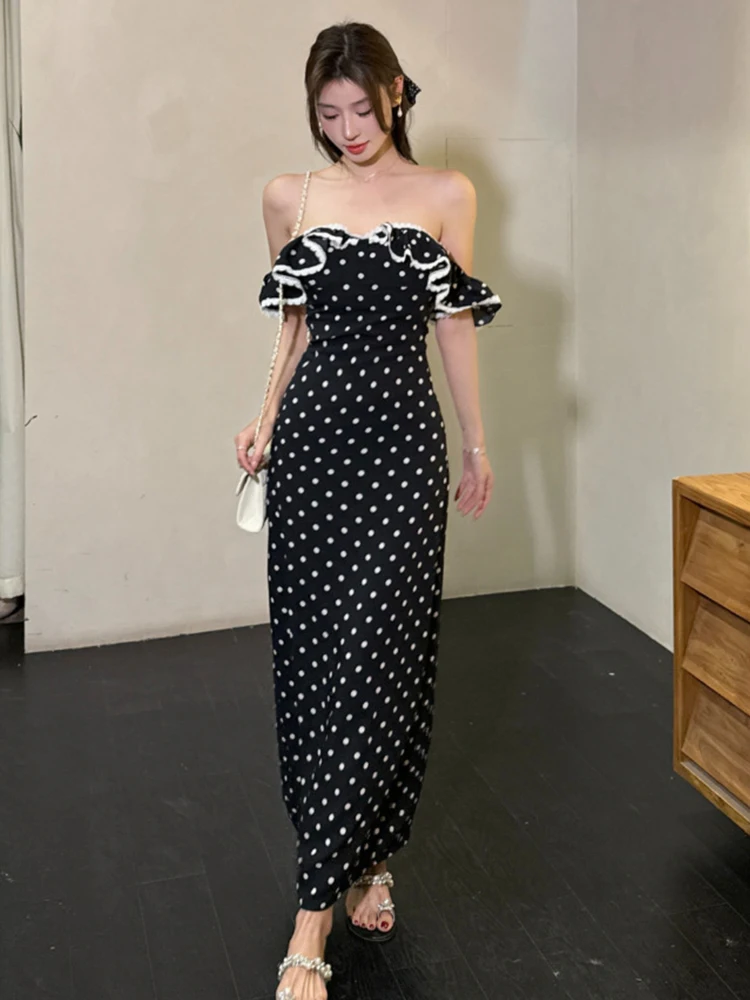 Frauen Kleidung Retro Dot Print Sexy Sling Square Neck Schlank Maxi Lange Kleid Elegante Dame Mode Party Prom Vestidos Robe Koreanische