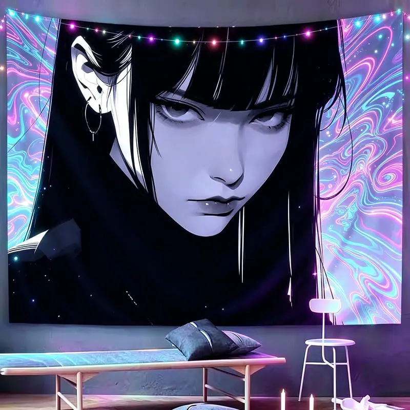VIKAMA Dark Neon Anime Girl Tapestry Wall Hanging White Mask Purple Glowing Eyes Aesthetic Wall Art Dorm Bedroom Decor