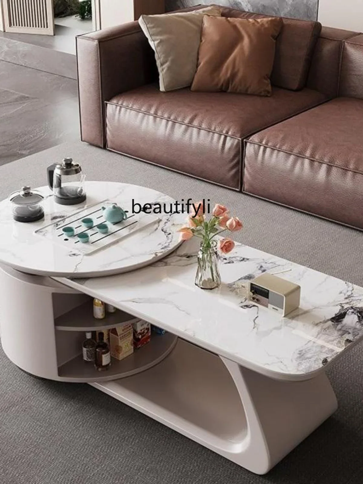 

Modern kung fu tea table kettle rectangular household living room telescopic rock slab coffee table