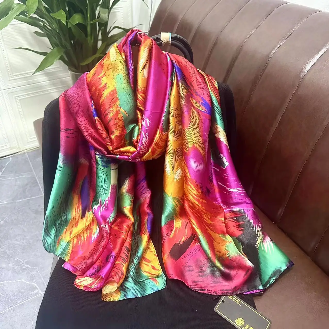 Large-sized Silk Scarf, Ink Painting, plum blossom Print Shawl, Sun Protection, Beach Towel, New