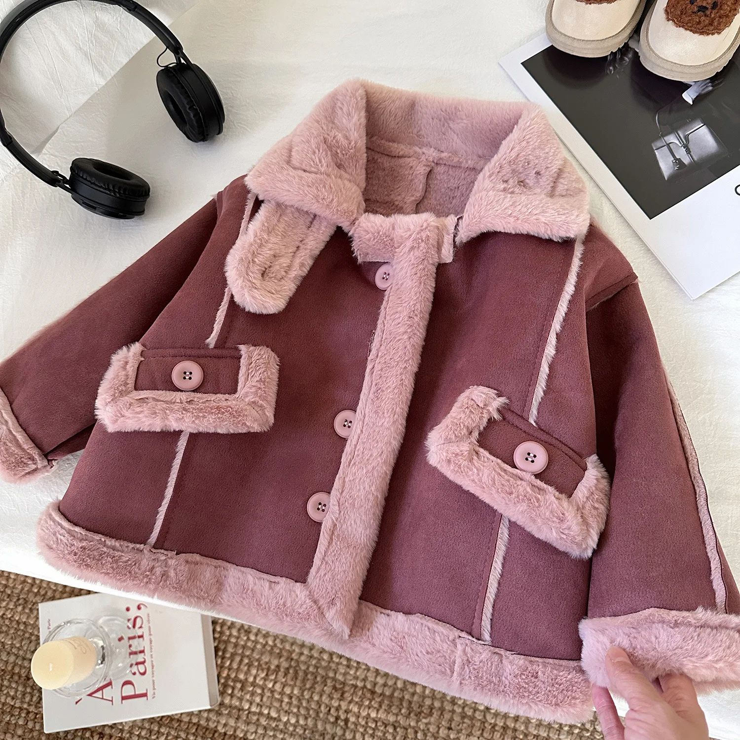 2023 Winter Neue Mädchen Jacke Einfarbig Faux Pelz Plus Samt Verdicken Warme Revers Woolen Mantel Für 2-8 jahre Kinder Mode Schneeanzug