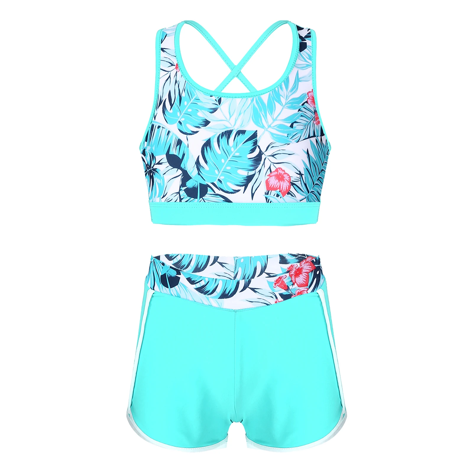 2Pcs Kids Girls Printed Swimsuit Outfit U Neck Strappy Back Crop Top with Boyshorts Shorts Bottoms Set Swimsuit Bathing Suit