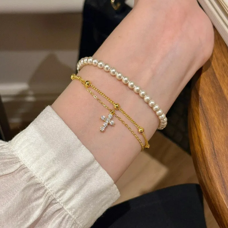 الصليب الصغير 2 طبقات سلسلة أساور امرأة فتاة بلينغ الزركون الماس خمر 18K الذهب معبأ الفضة موضة غرامة مجوهرات هدايا