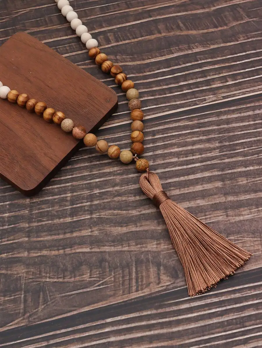 

Wooden Beaded Tassel Necklace For Adults Unisex Bohemian Style