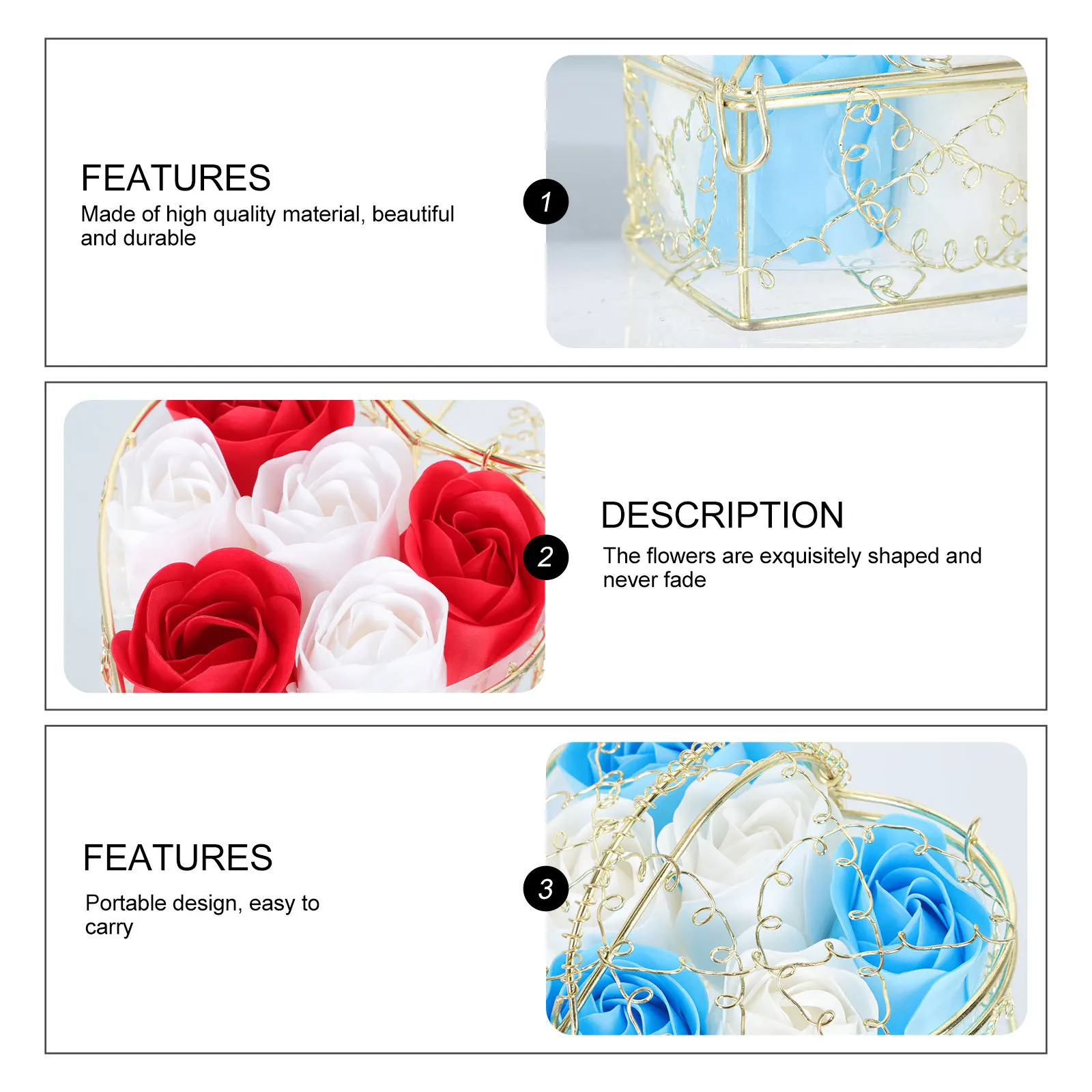 

2 set Soap Flower Gift Box Romantic Heart-Shaped Iron Basket Colorful Artificial Rose Floral Scented Creative Fake Flower For