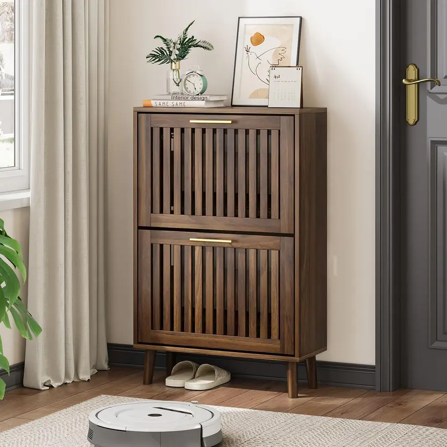 

Cabinet, Shoe Storage Cabinet with Louvered 2 Flip Drawers, Narrow Shoe Cabinet Storage for Entryway, Freestanding Customizable