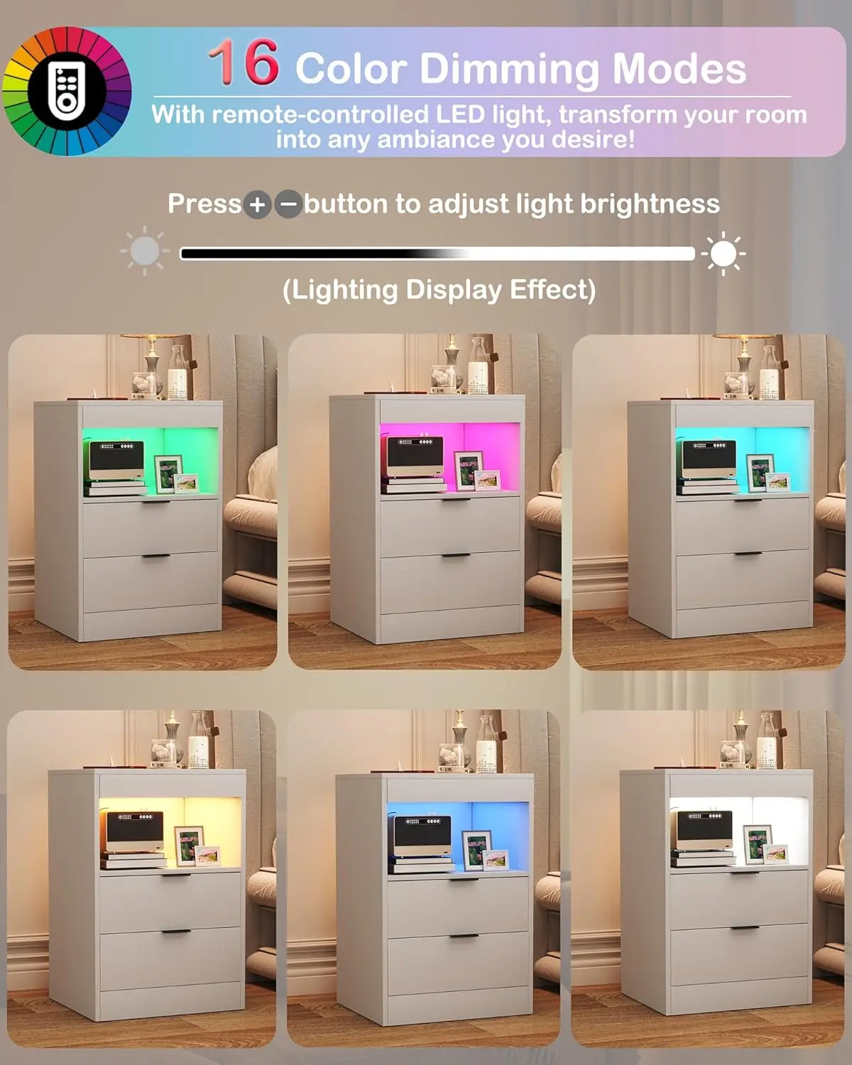 Bedside Table,LED Nightstand with Charging Station,Modern Night Stand White,Wood Sofa Couch End Side Table with 2 Pull-Out Shelf