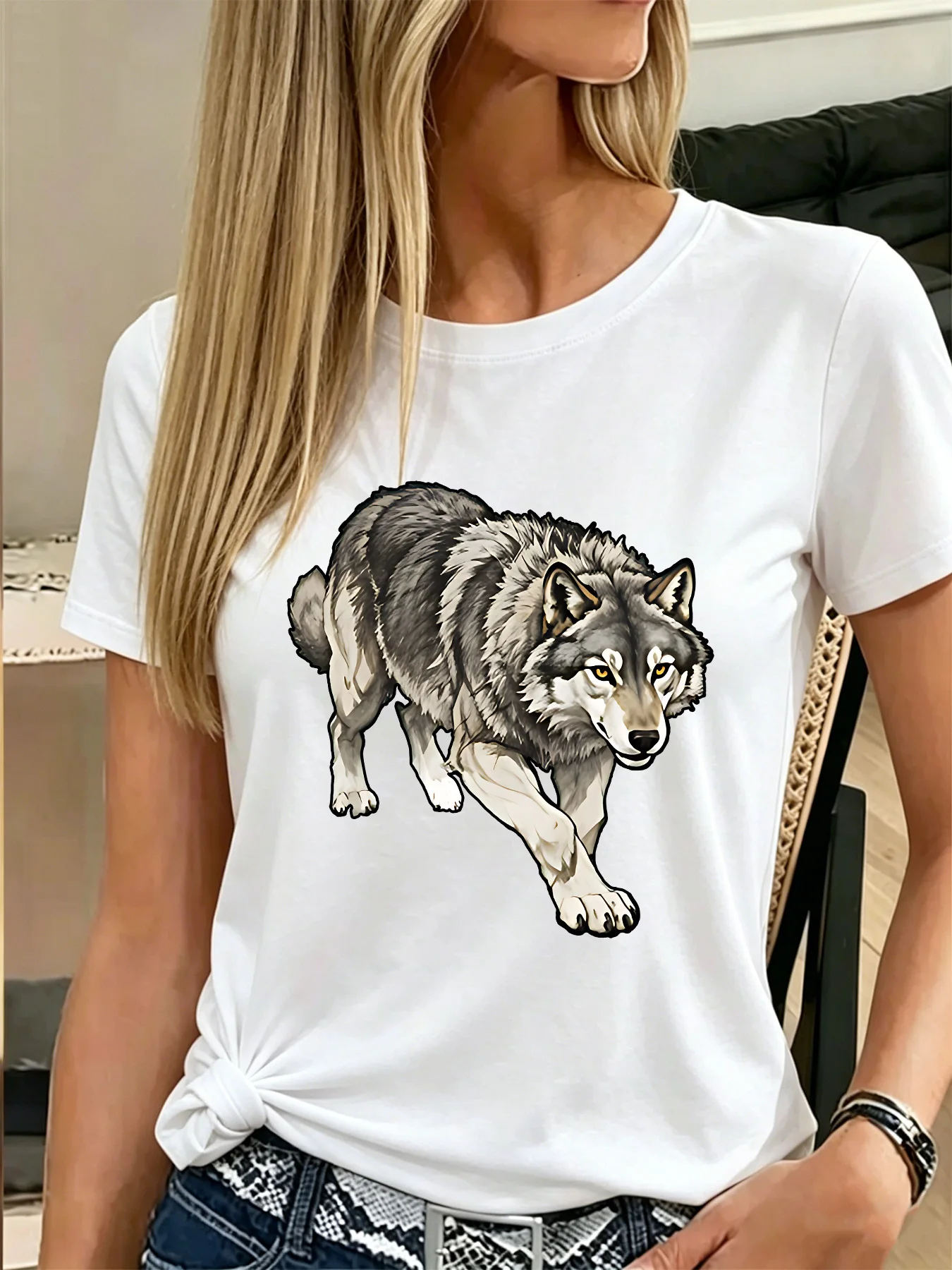 Majestic Wild Grey Wolf Womens T Shirt Powerful Forest Creature Animal Graphic Tee Short Sleeve Casual Party Street Ladies Tops