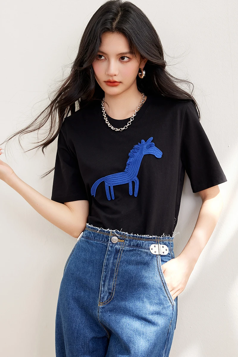 2024 New Summer Small Horse Applique Embroidered Cotton Short Sleeve T-shirt Women Tops O-Neck Casual Loose Graphic T Shirts Y2K