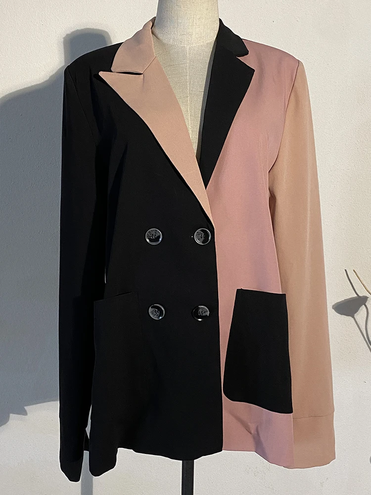 [EAM]  Women Black Contrast Color Big Size Blazer New Lapel Long Sleeve Loose Fit  Jacket Fashion Tide Spring Autumn 2024 1W482