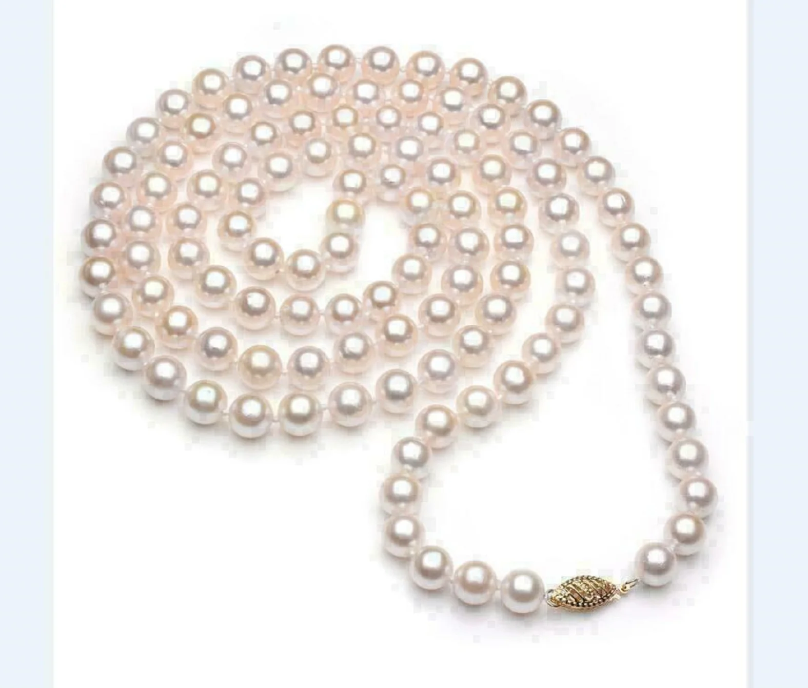 HUGE AAA 8-9mm  9-10MM perfect Akoya white pearl necklace 36 inch 14kP Yellow Gold Clasp