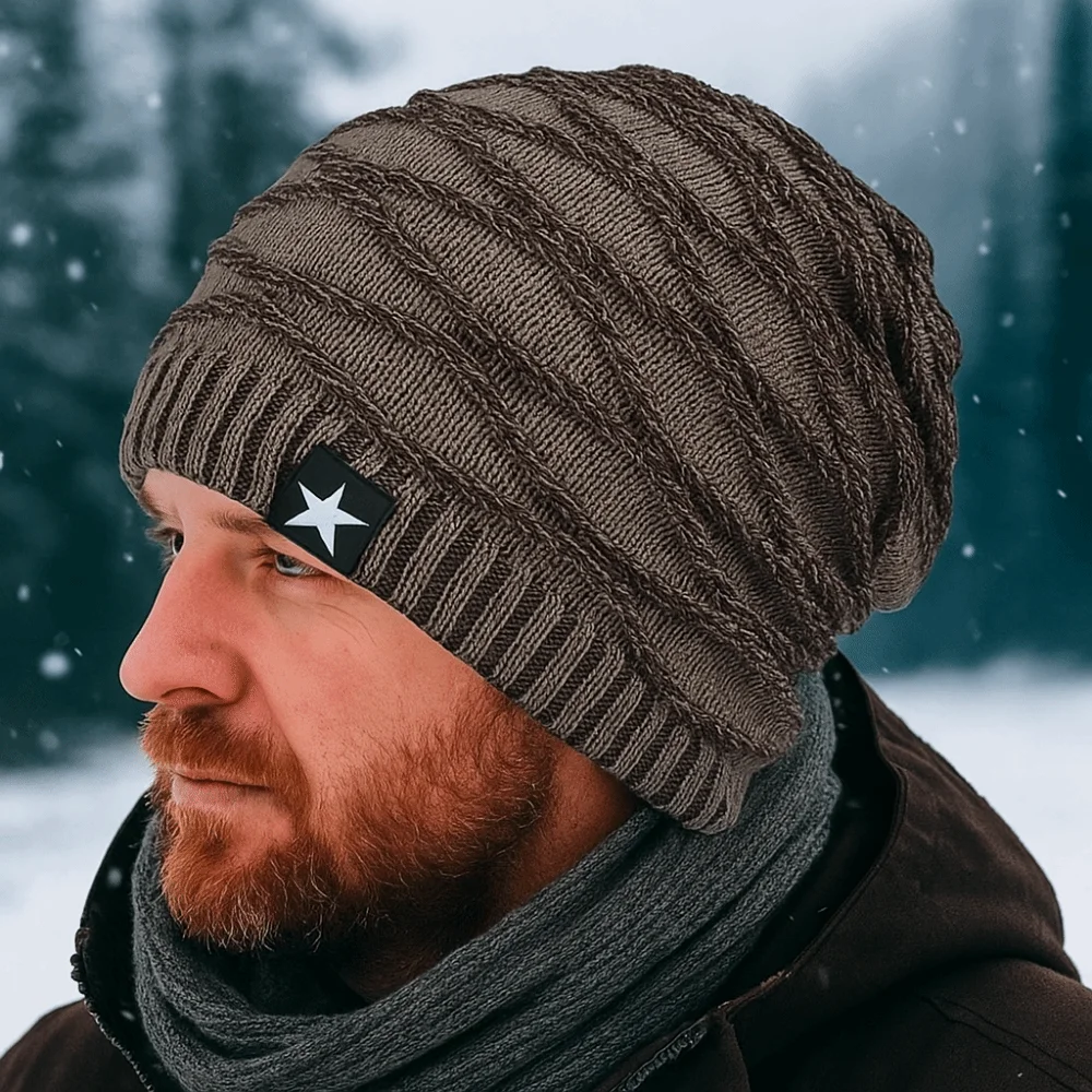 

Fashion Thickened Fleece Pile Cap Rhombus Jacquard Star Beanies Hat Warm Windproof Hood Cap Men