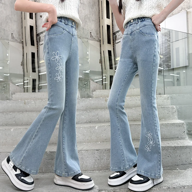 Stylish Kids Girl Bootcut Jeans with Embroidery Flower For Tween Children Street Design Floral Flared Denim Pants 5 7 9 11 13 14
