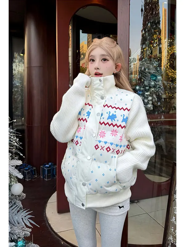 Korean Style Thickened Knitted Cotton Jacket Women's Winter Warm Stand Collar Cartoon Slimming Outerwear Casual Fashion