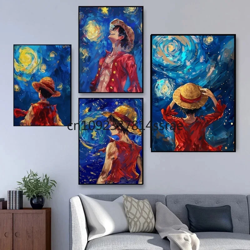 

Japan Anime One Piece Canvas Painting Characters Monkey D. Luffy Van Gogh Poster Living Room Decoration Wall Decoration Painting