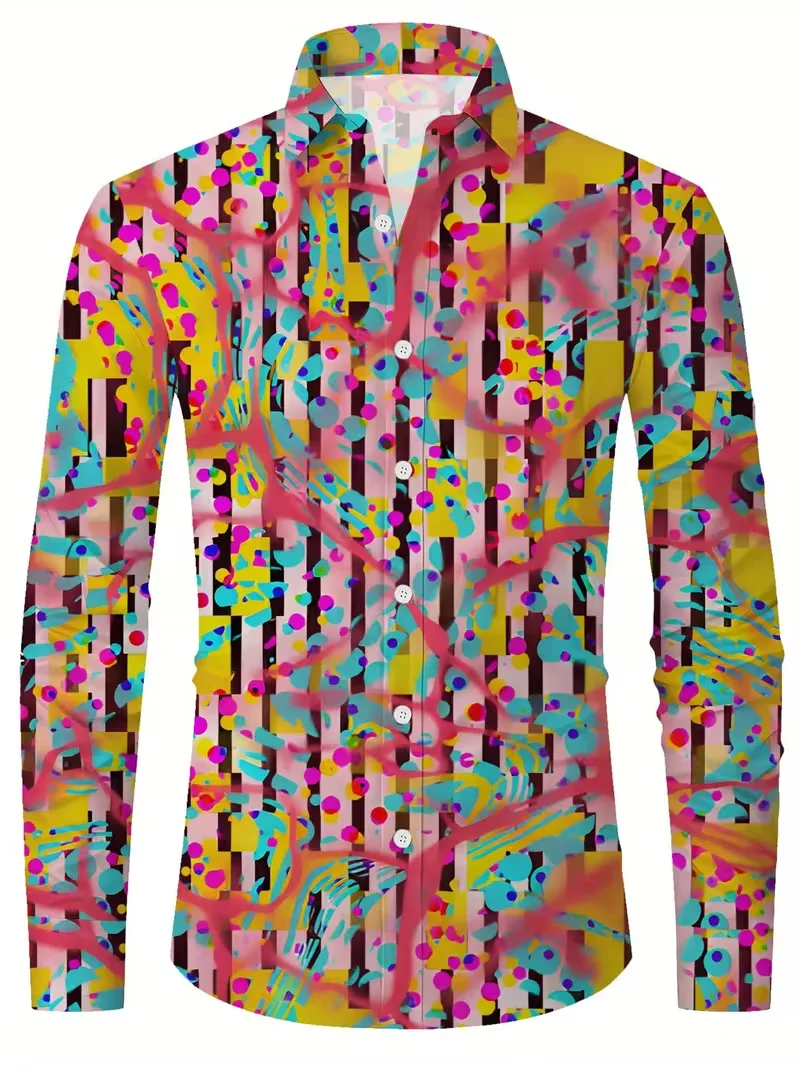 Men Casual Long Sleeve Shirt Boho Mandala Geometric Motif Turn‑down Collar Button‑down Travel Party Top