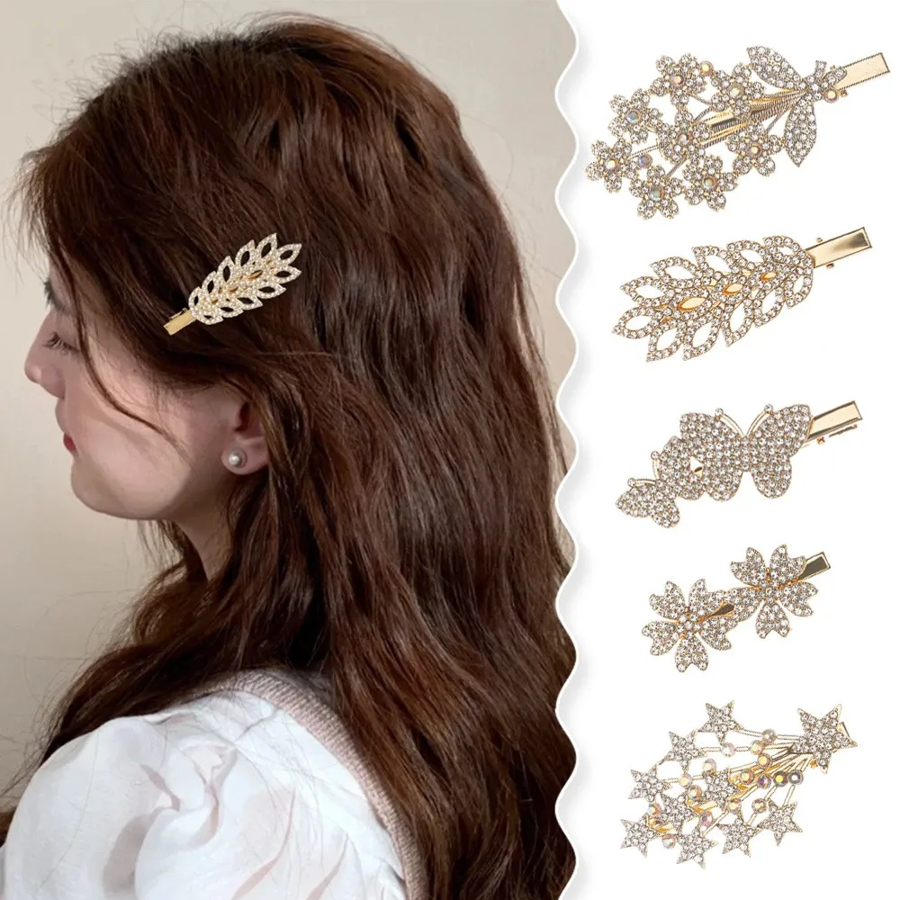 Women Shiny Crystal Hair Clips Fashion Metal Barrettes Hollow Out Flower Leaf Star Hairpins Simple Bobby Pin Duck Clips Headwear