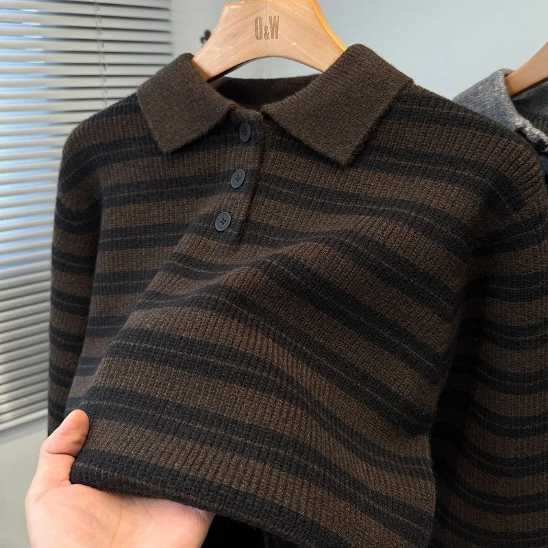 Men Striped Polo Collar Sweater Vintage Thick Knit Pullover Casual Warm Base Shirt