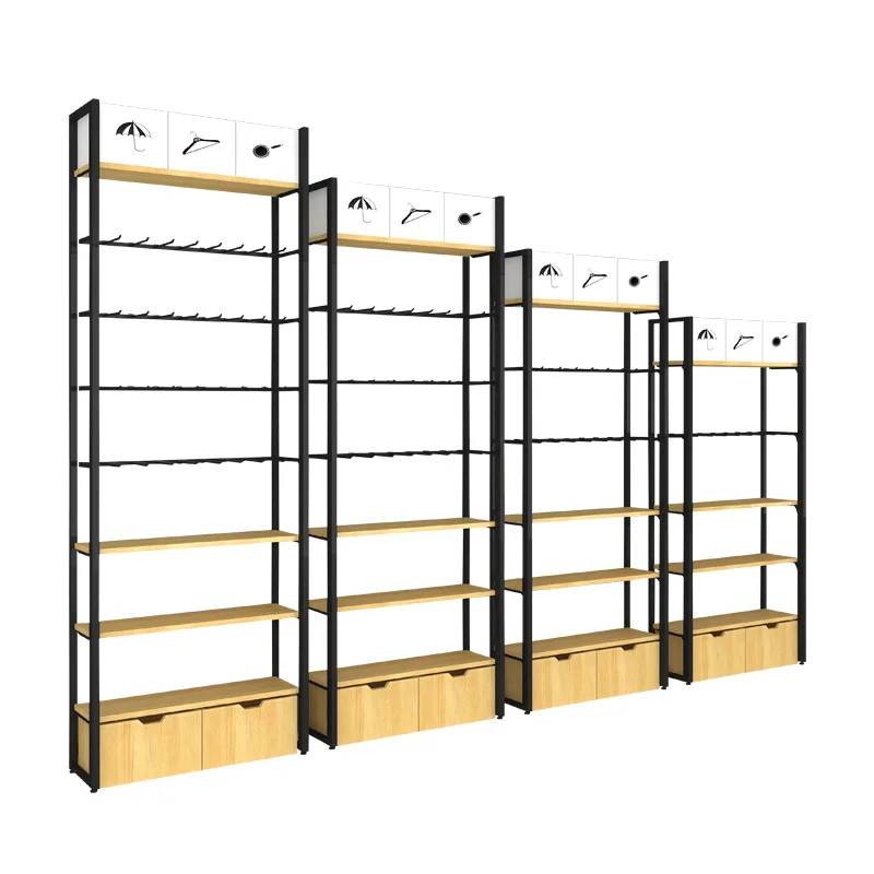 showcas mercadorias prateleira de armazenamento rack de exibicao de prateleiras de supermercado de parede lateral de metal e madeira customkeway 01