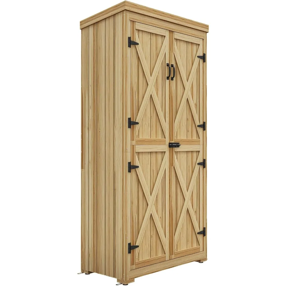 

Wooden Garden Shed, Outdoor Storage Cabinet with Waterproof Galvanized Metal Roof, Narrow Tool Shed with 3 Shelves and Lockable