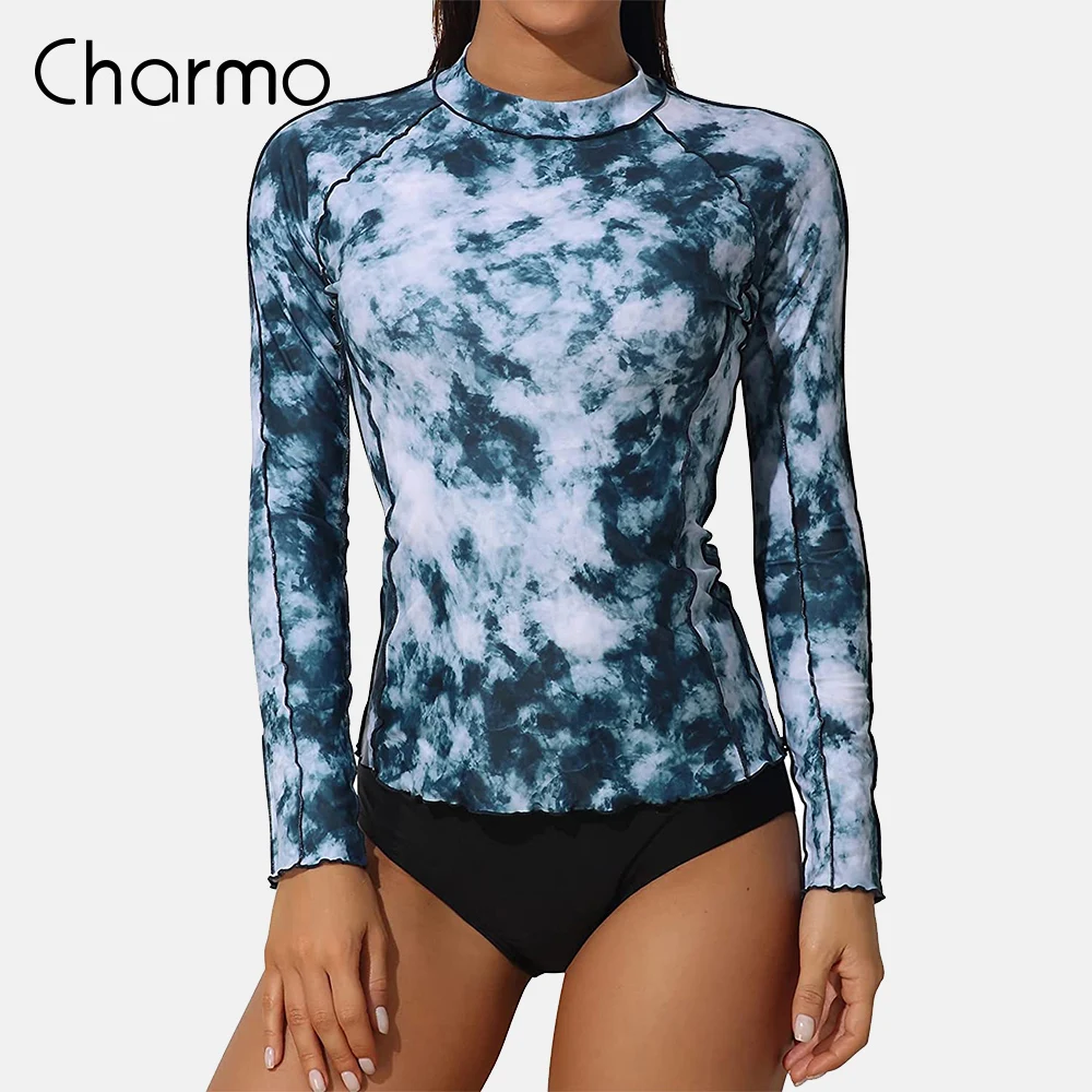 

Charmo Women Long Sleeve Rash Guard Shirts Swimwear Rash Guard Top Surf Top Tie Dye Printing Close-fitting Shirt UPF 50+