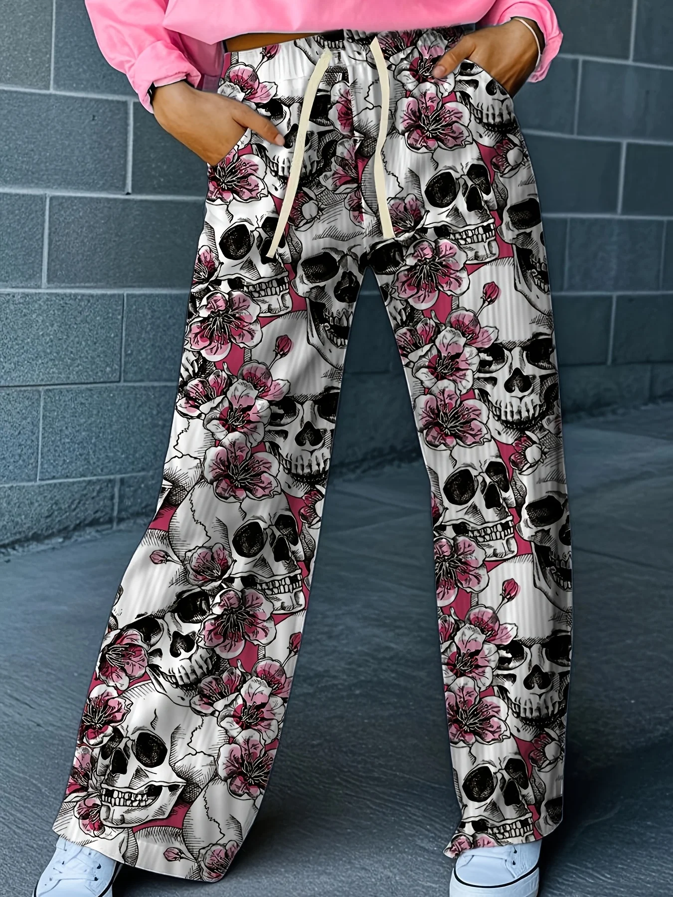 

Fashion Trendy Casual Y2k Pink Flowers with Skull Pattern Printing Wide Leg Pants Hip-Hop Street Style Loose Fit Sports Trousers
