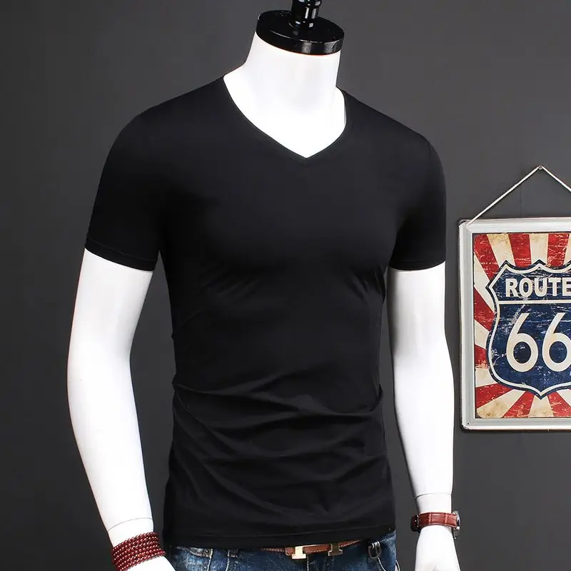 Mens Short Sleeve Fashionable and Lightweight Summer Wear 2023 Casual Pure Smooth Ice Silk Lovers V-Neck T-shirt