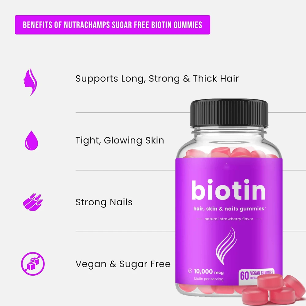 

Healthy Hair, Skin & Nails Sugar Free Biotin Gummies 1000mcg for Women, Men & Kids - Vegan Health Vitamins Supplement