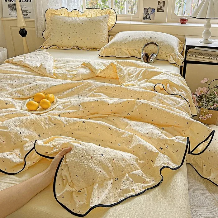 Princess Style Printed Lace Edge Air Conditioning Comforter Machine Washable Summer Thin Quilt Bed Sheet Pillowcase 4pcs Set