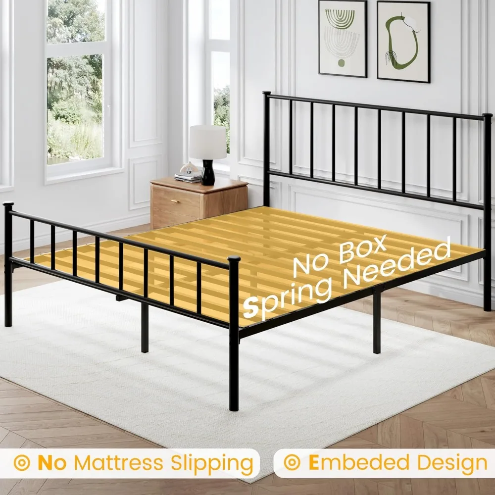 إطار سرير كوين مع لوح أمامي ولوح للقدمين، إطار سرير بمنصة معدنية، دعم جميع الشرائح المعدنية، تخزين تحت السرير، بدون صندوق Sprin