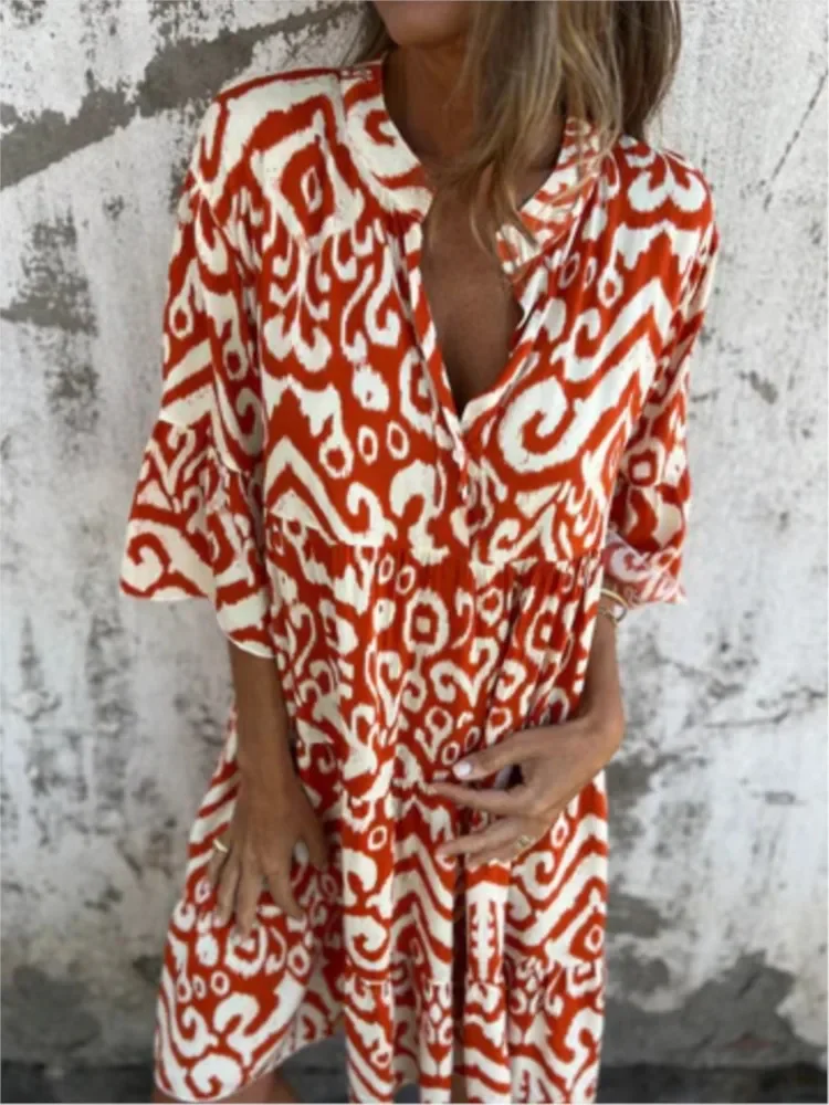 Boho Vacanza Camicia Abiti per le donne Sexy scollo a V Manica svasata Volant Stampa Abito Femme Primavera Casual Beach Abito ampio